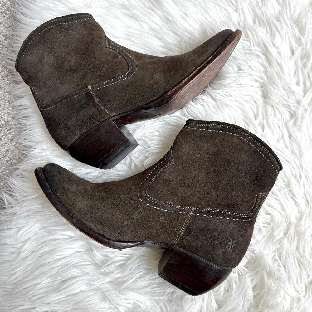 Frye Dark Brown Suede Ankle Boots Booties Size 7.5